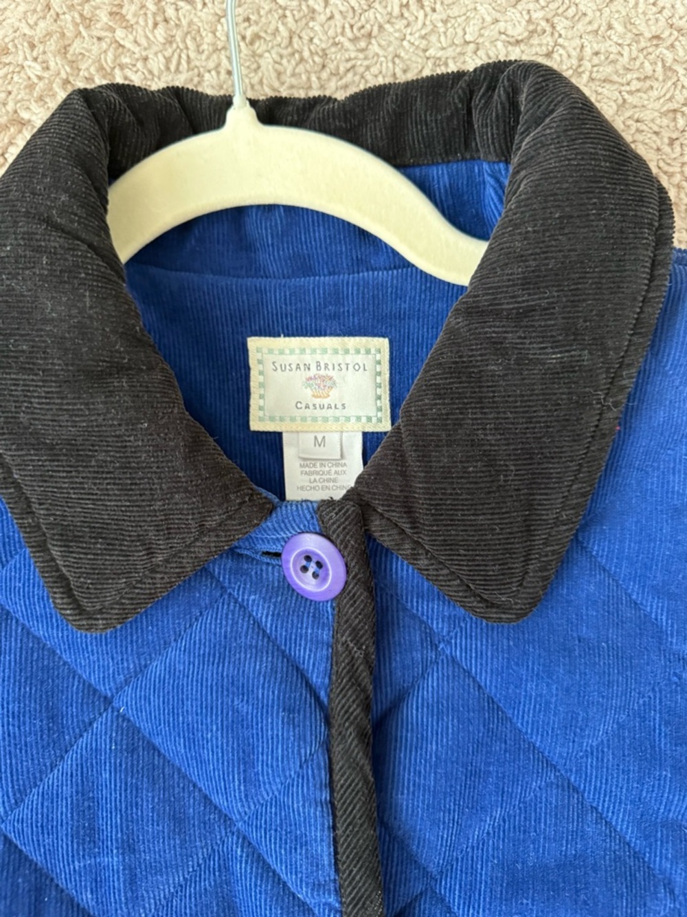 Susan Bristol Vintage Blue Quilted Barn Jacket with Black Corduroy Trim Med - Picture 9 of 15